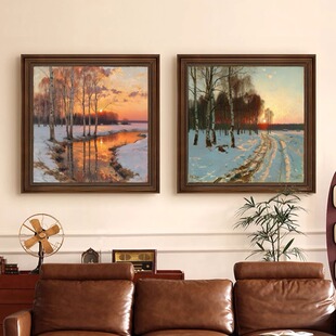 冬日雪景日落艺术挂画巡回画派风景画客厅玄关沙发背景墙壁艺术画