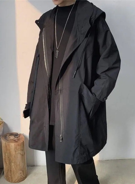 春秋季很仙的连帽风衣男韩版ins英伦夹克宽松cec学生中长款外套潮