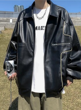 美式复古黑色机车皮衣外套男春秋季高街ins潮牌夹克摩托车骑行服