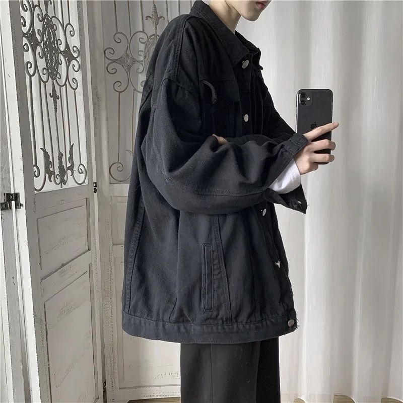 vintage美式复古纯黑色牛仔外套潮牌男春秋短款工装夹克棒球褂子