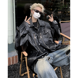 高街痞帅黑色皮衣外套男国潮牌高级感炸街休闲宽松帅气机车皮夹克