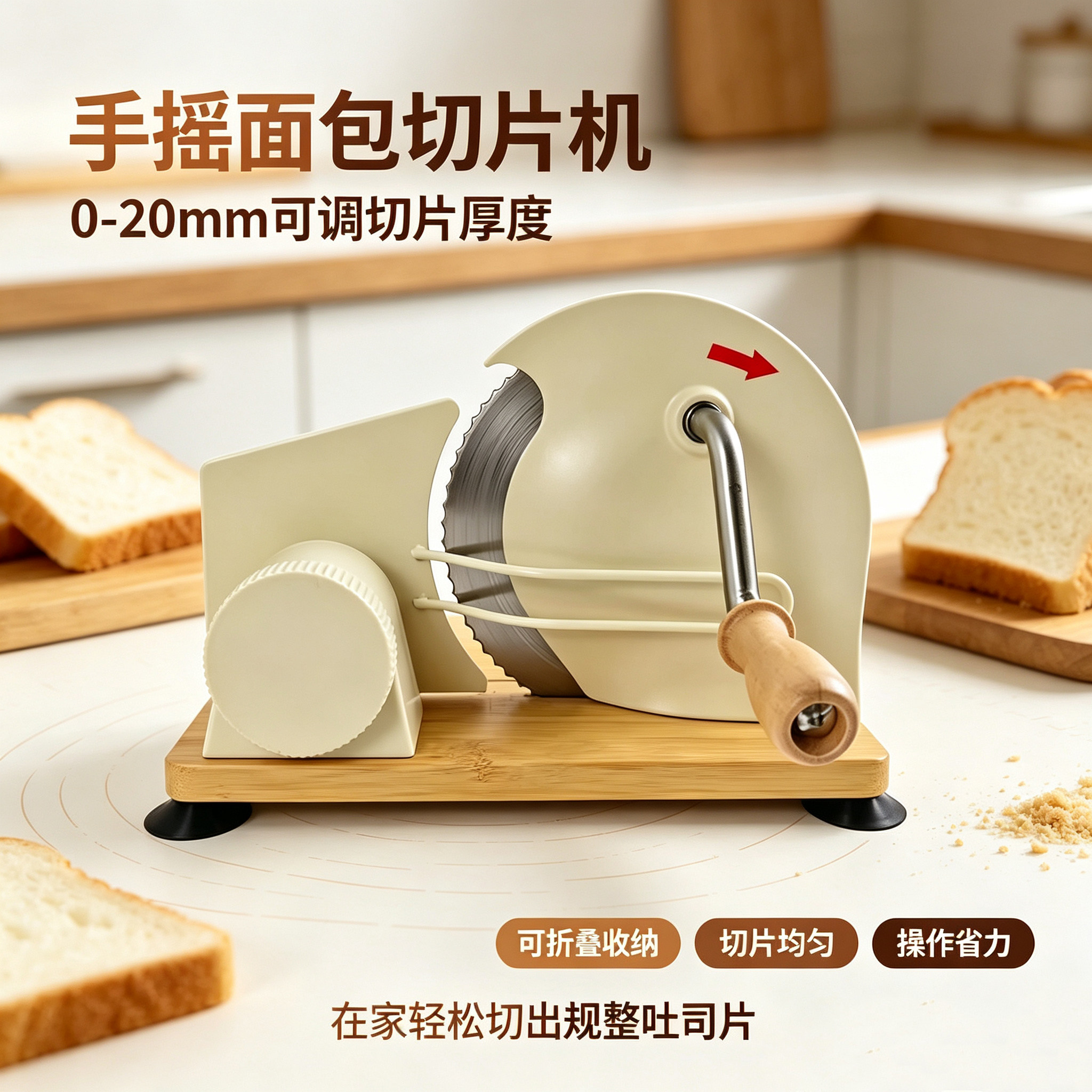 家用烘焙手摇切面包机 可折叠底座 厚薄可调吐司酸面包切片工具图片