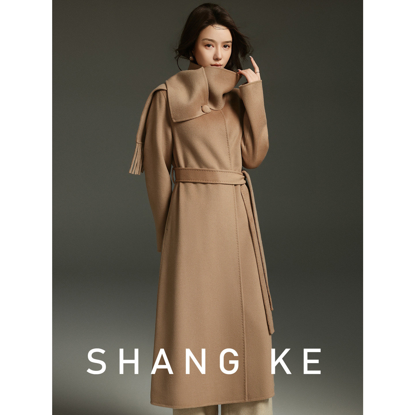 SHANG KE 高级感围领羊绒大衣女长款山羊绒绵羊毛通勤双面呢外套