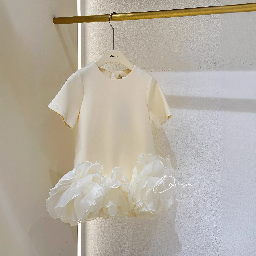 2025夏季新款韩版女童中大童短袖连衣裙网纱下摆公主裙礼服裙