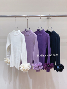 JAMIYA2025秋冬新款女童百搭网纱拼接袖子针织打底套头半高领毛衣