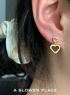 可甜可酷镂空双爱心 闪钻微镶锆石少女耳环 925银针