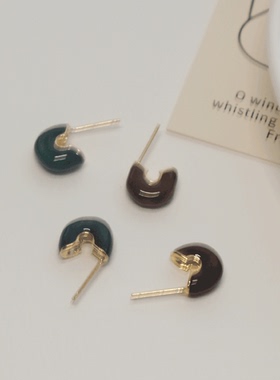 红绿彩色半圈 滴釉彩色金属简约百搭复古耳钉 925银针