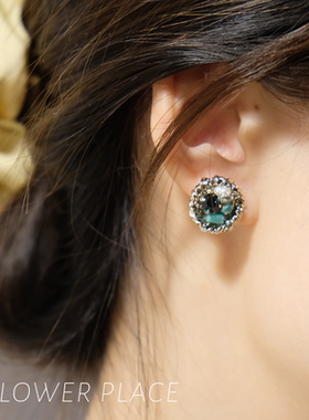 小森祖母绿 圆形水晶法式小众耳钉 个性复古银针