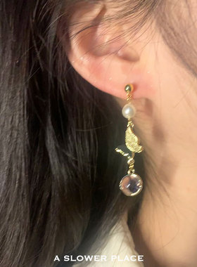 蝴蝶精灵 温柔系古风粉紫琉璃珠不对称耳环 925银针