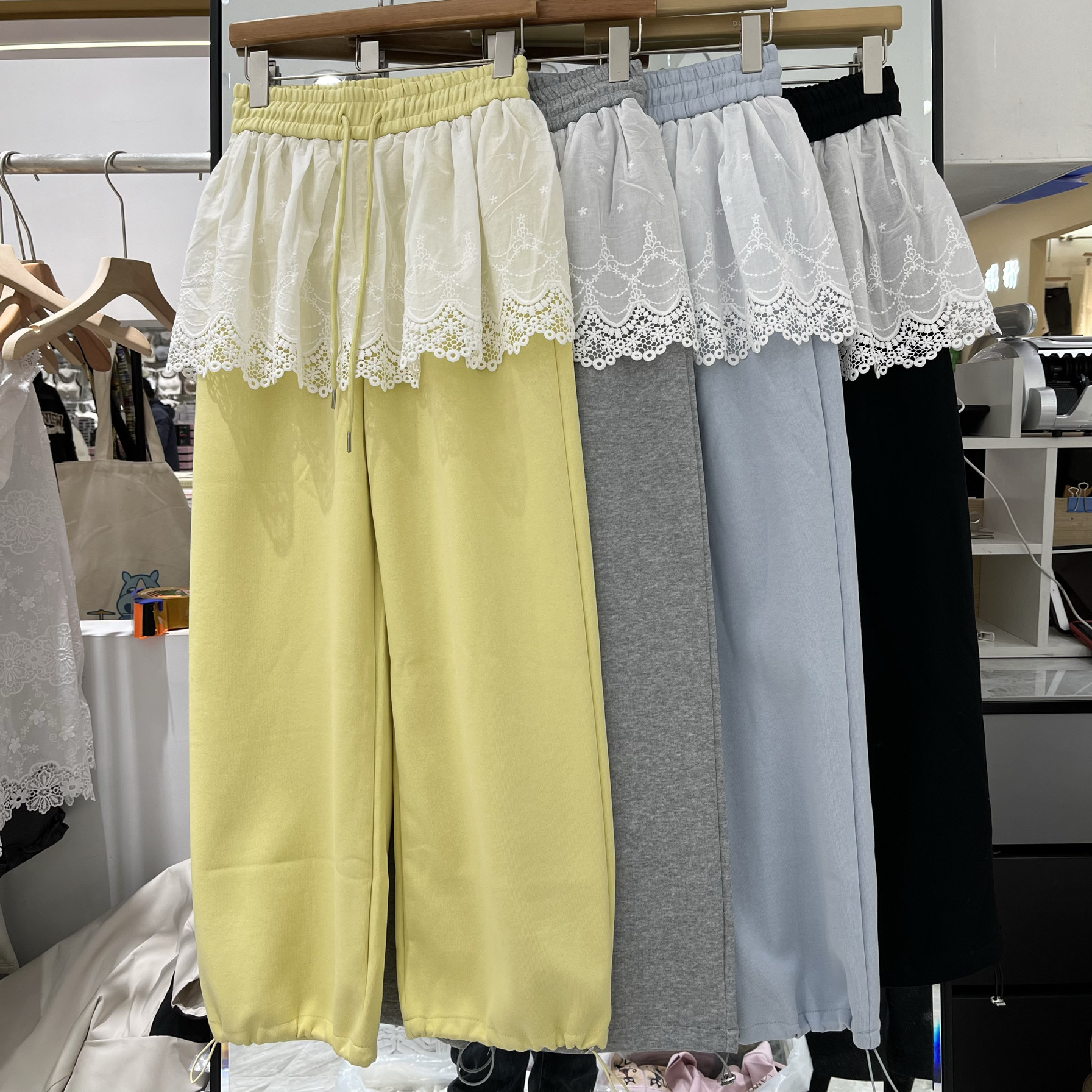 欧洲站2025春季新款女士高腰绑带拼接蕾丝设计感卫裤欧货韩版长裤