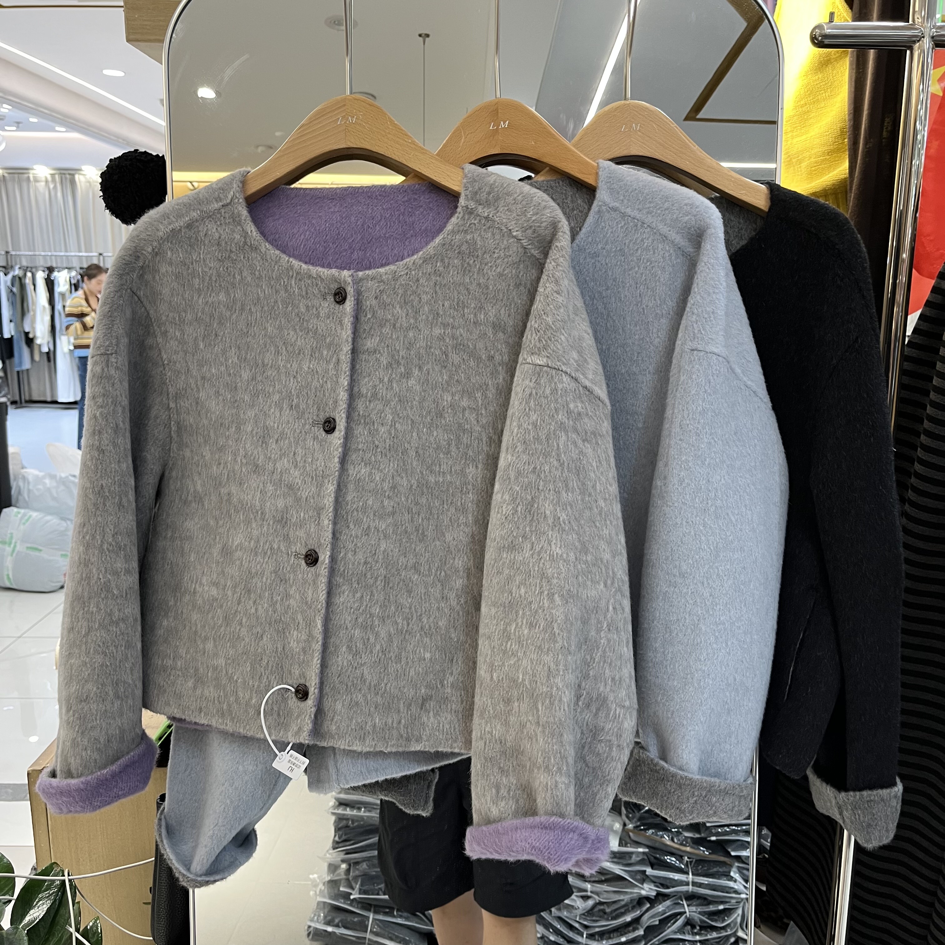 欧洲站2015秋季新款女士圆领AB面拼色韩版双面羊绒大衣欧货短外套