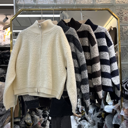 实体店同款2026秋冬新款女士立领羊羔毛拉绒全羊毛长袖欧货针织衫