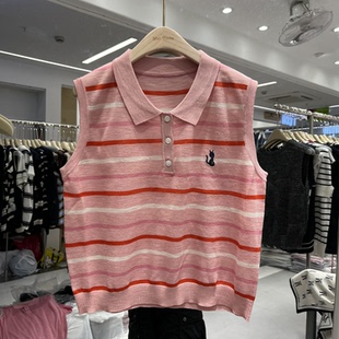 欧洲站2025夏季 新款 女士Polo领胸口刺绣条纹竹节麻无袖 欧货针织衫