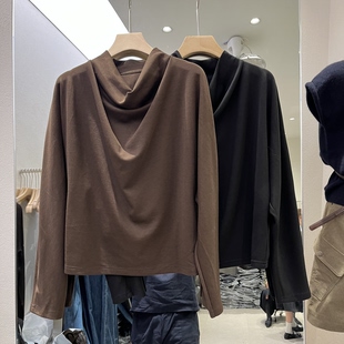 实体店同款2026秋季新款女士荡领纯色韩版天丝棉长袖T恤欧货上衣