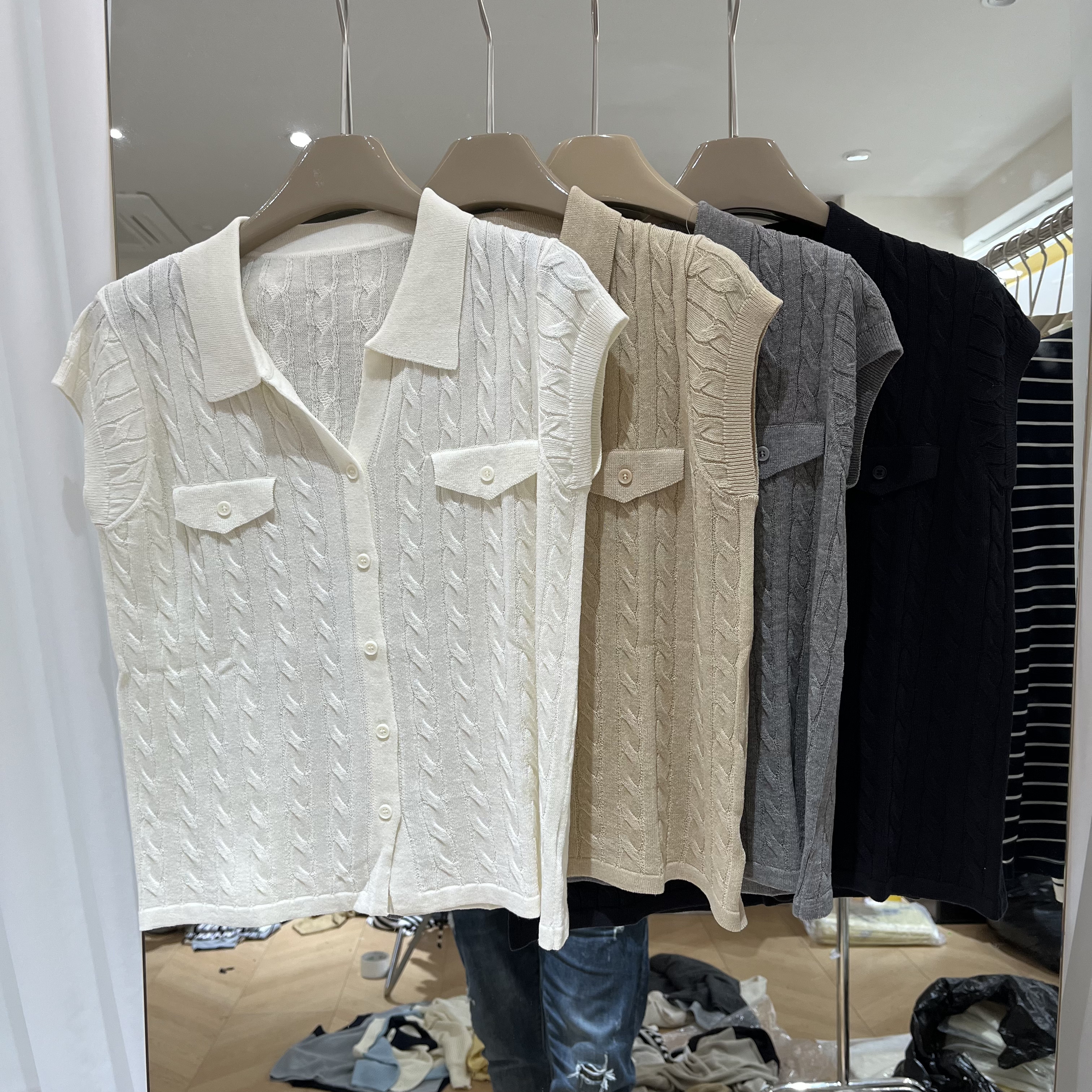 欧洲站2026春夏新款女士翻领麻花纹天丝亚麻无袖欧货时尚百搭针织