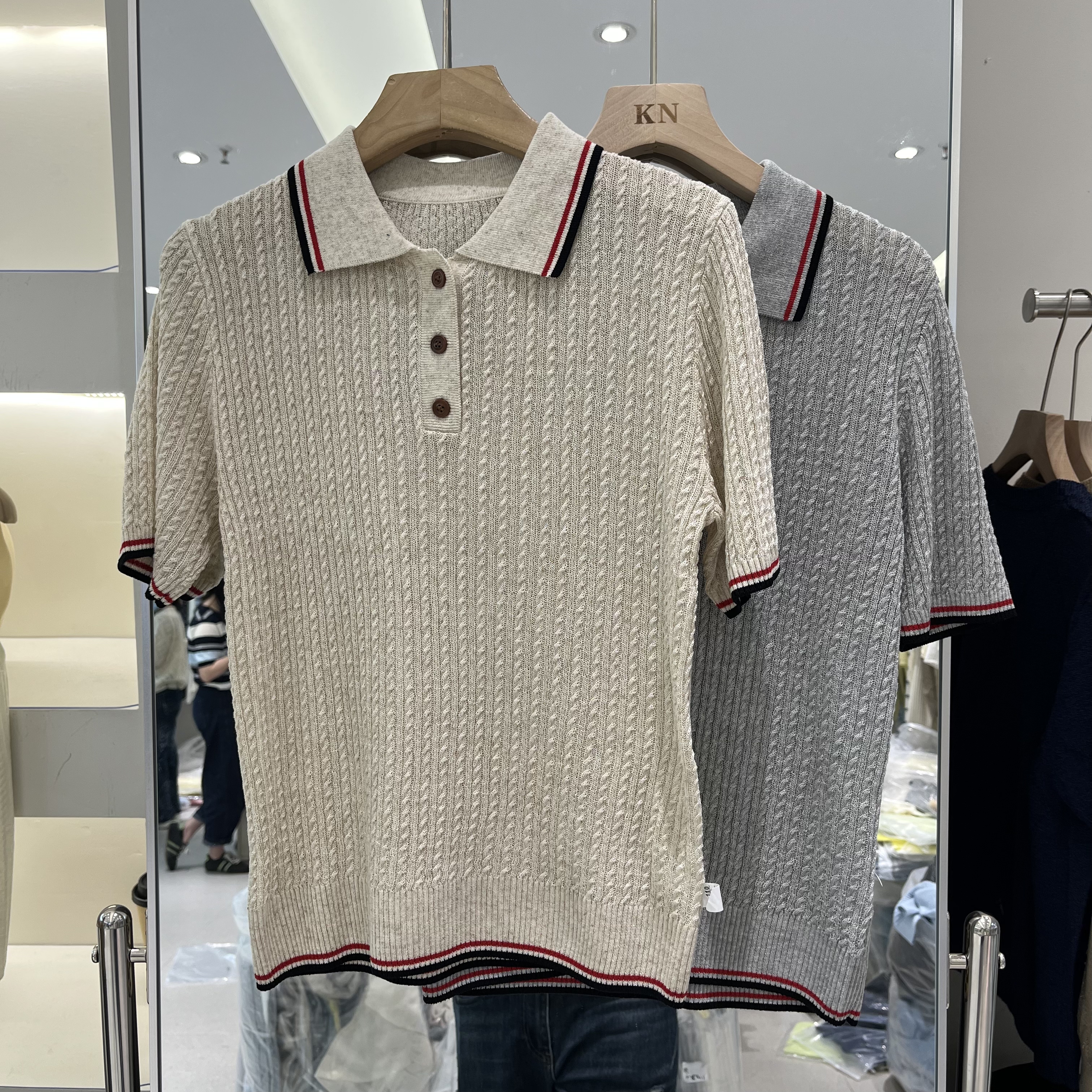 欧洲站2026春夏新款女士Polo领拼色边麻花纹天丝亚麻短袖欧货针织