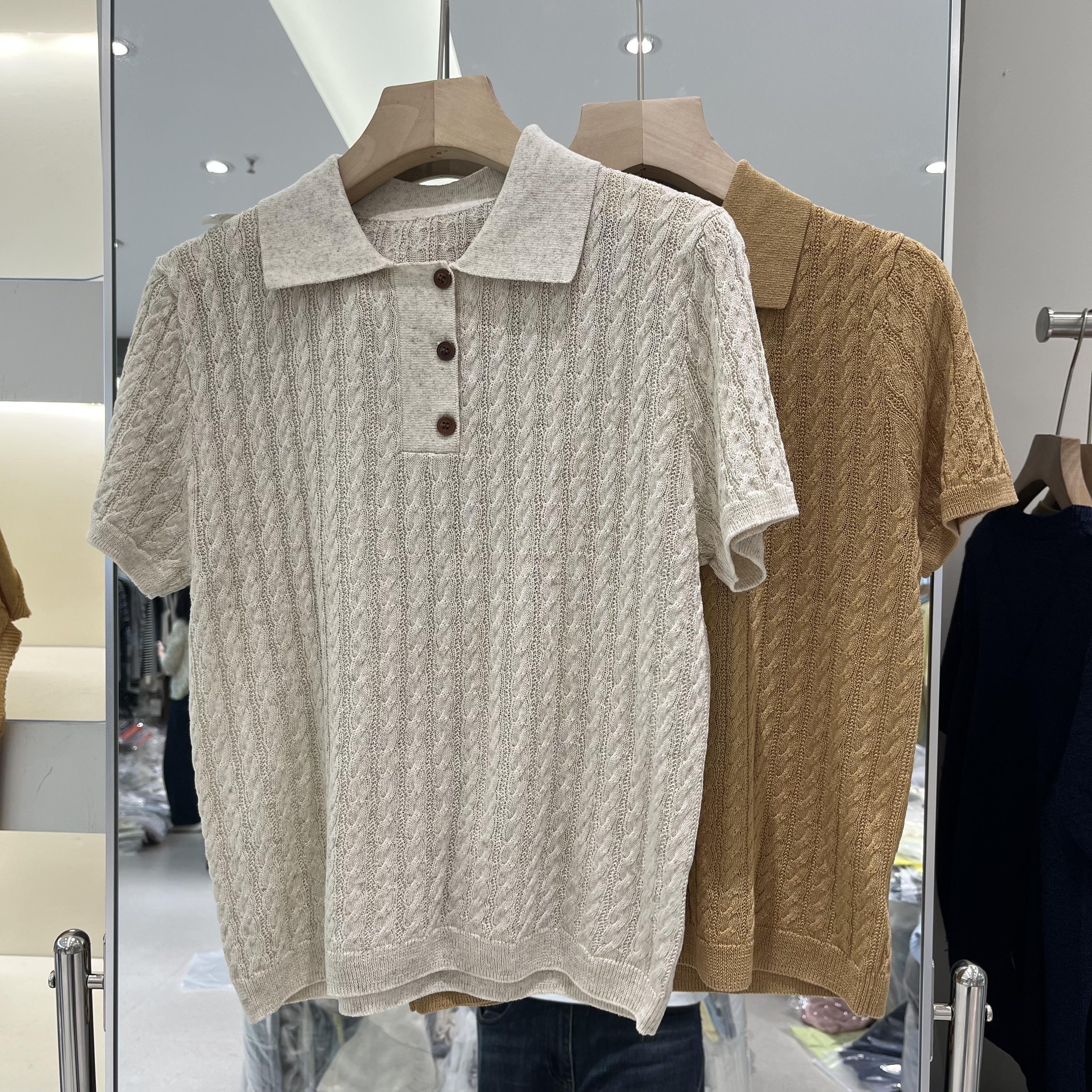 欧洲站2026春夏新款女士翻领纯色麻花纹天丝亚麻短袖欧货时尚针织