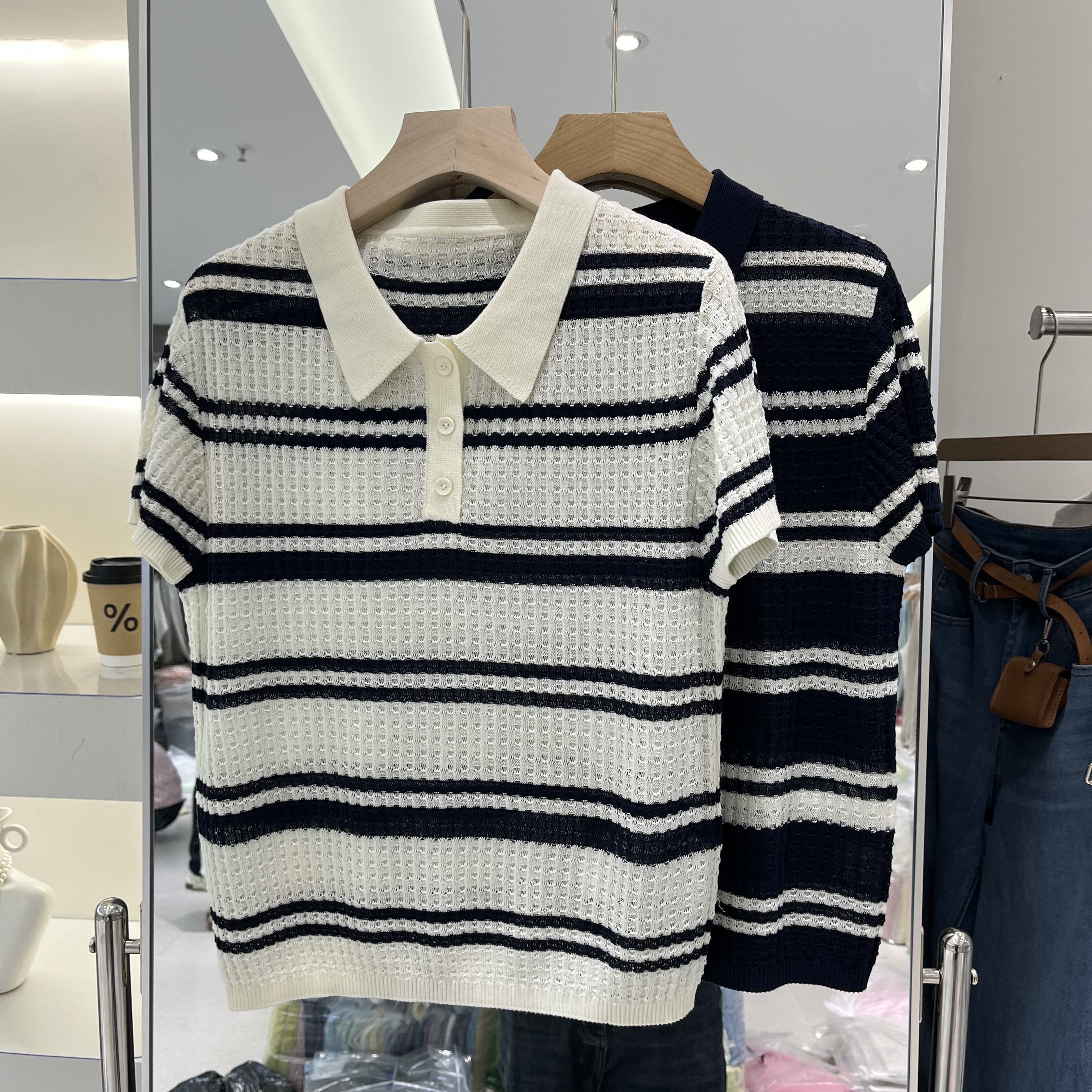 欧洲站2026春季新款女士Polo领麻花纹拼色天丝短袖欧货时尚针织衫