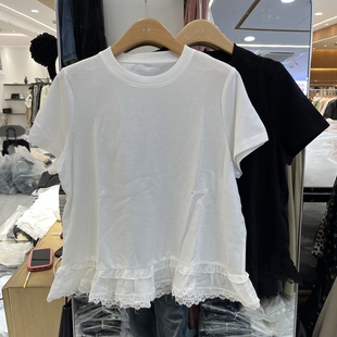欧货时尚 女士圆领下摆蕾丝拼接短袖 百搭上衣潮 新款 欧洲站2026春季