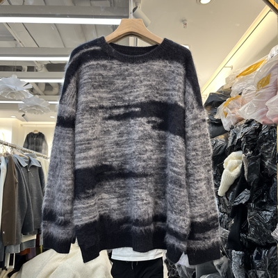 欧洲站2025秋季新款女士圆领绣花拼色拉毛羊绒羊毛长袖欧货针织衫