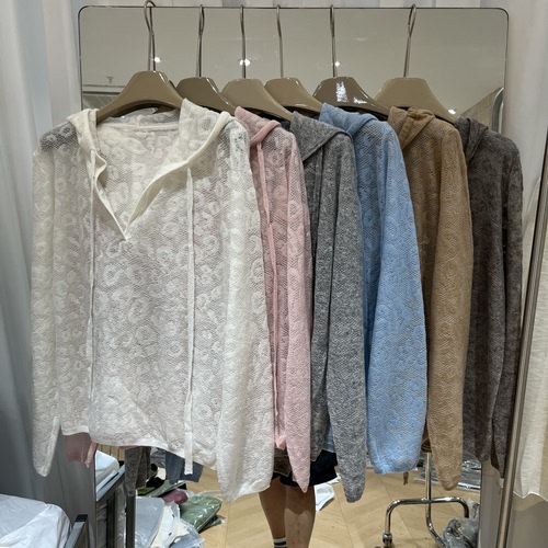 实体店同款2026早秋新款女士连帽钩花镂空婴驼绒长袖欧货时尚针织