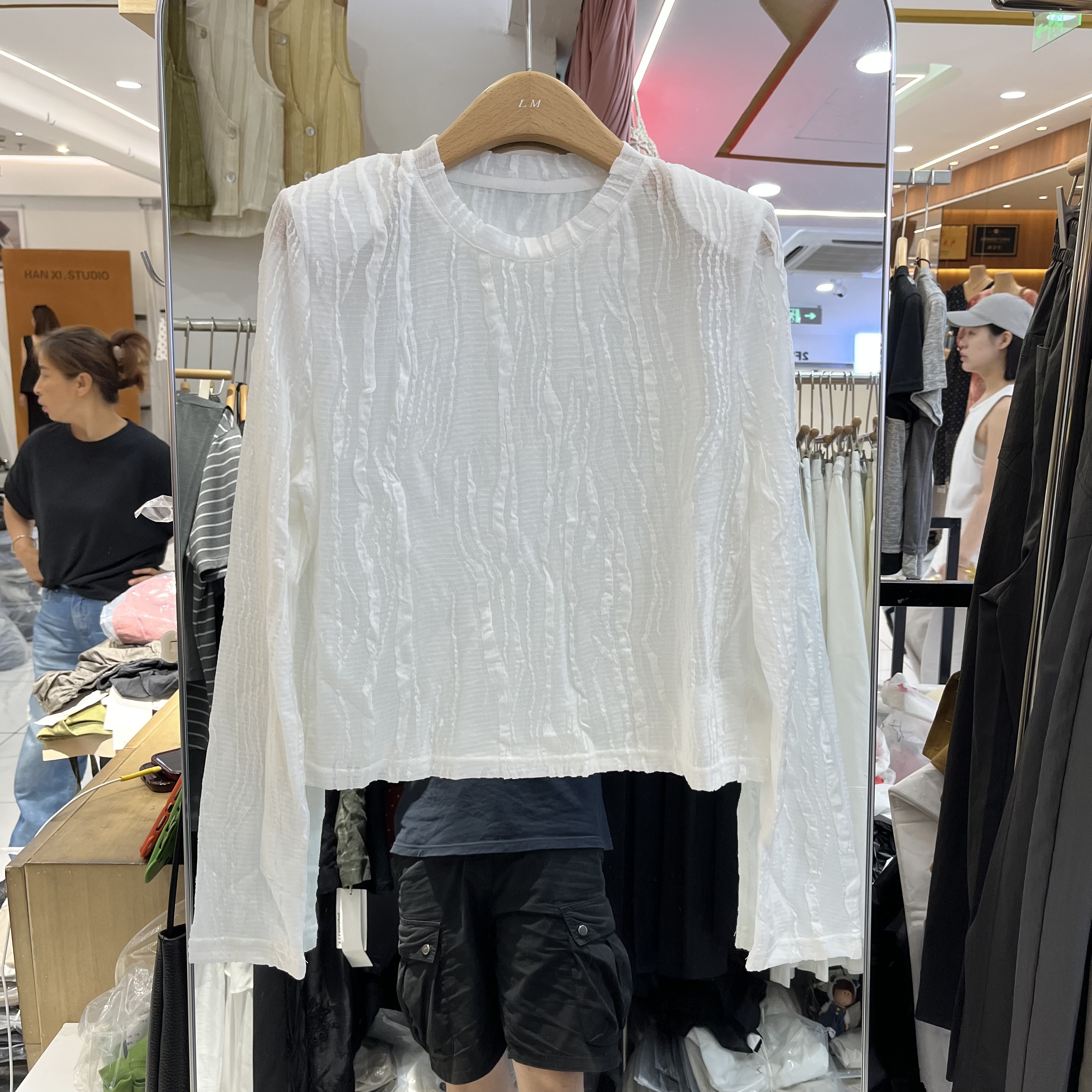 欧洲站2026夏季新款女士圆领垫肩提花韩版天丝长袖防晒欧货T上衣