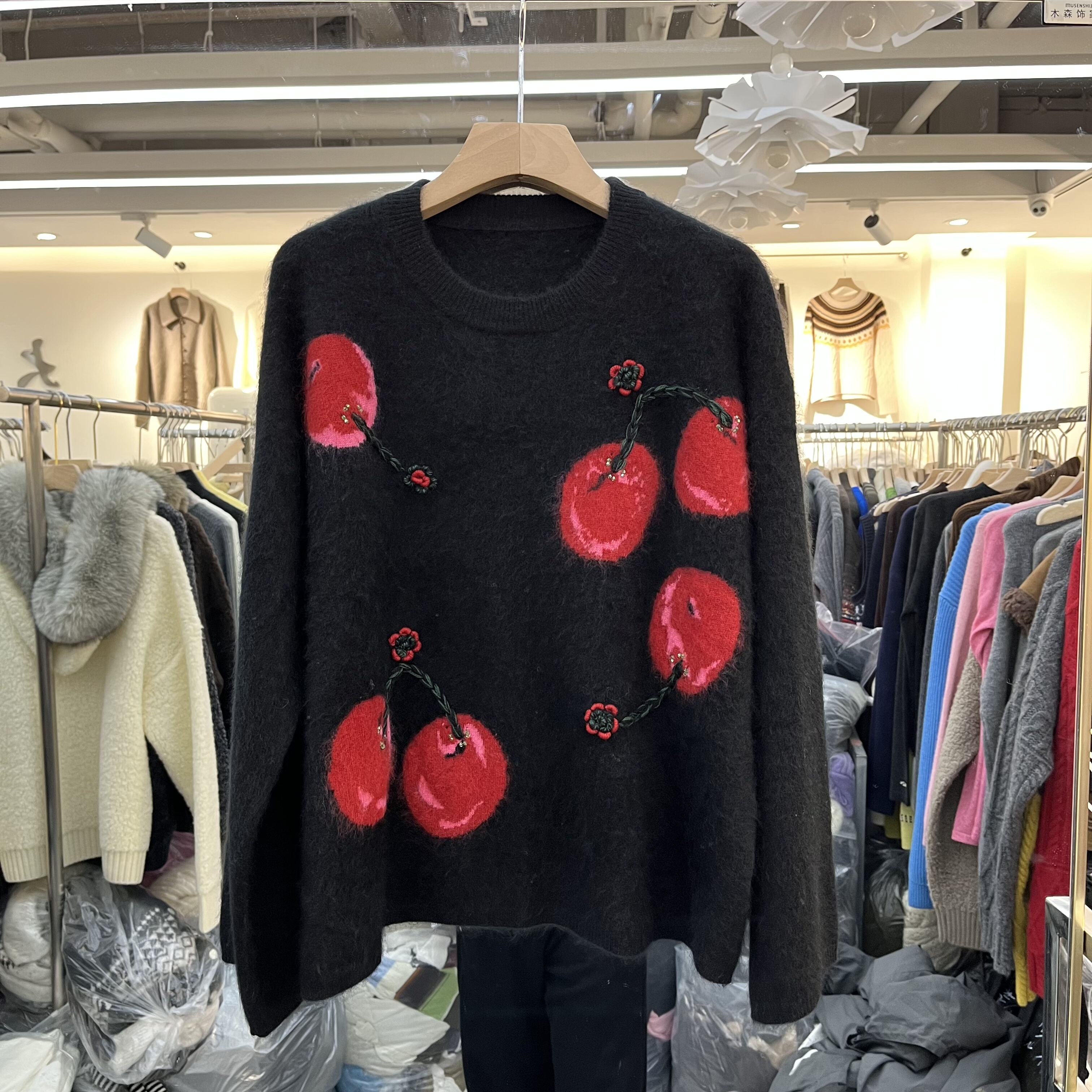 欧洲站2025秋冬新款女士圆领苹果提花拉毛长袖毛衣欧货时尚针织衫,女装/女士精品,毛衣,淘宝优惠券,粉丝福利购,淘宝优惠卷