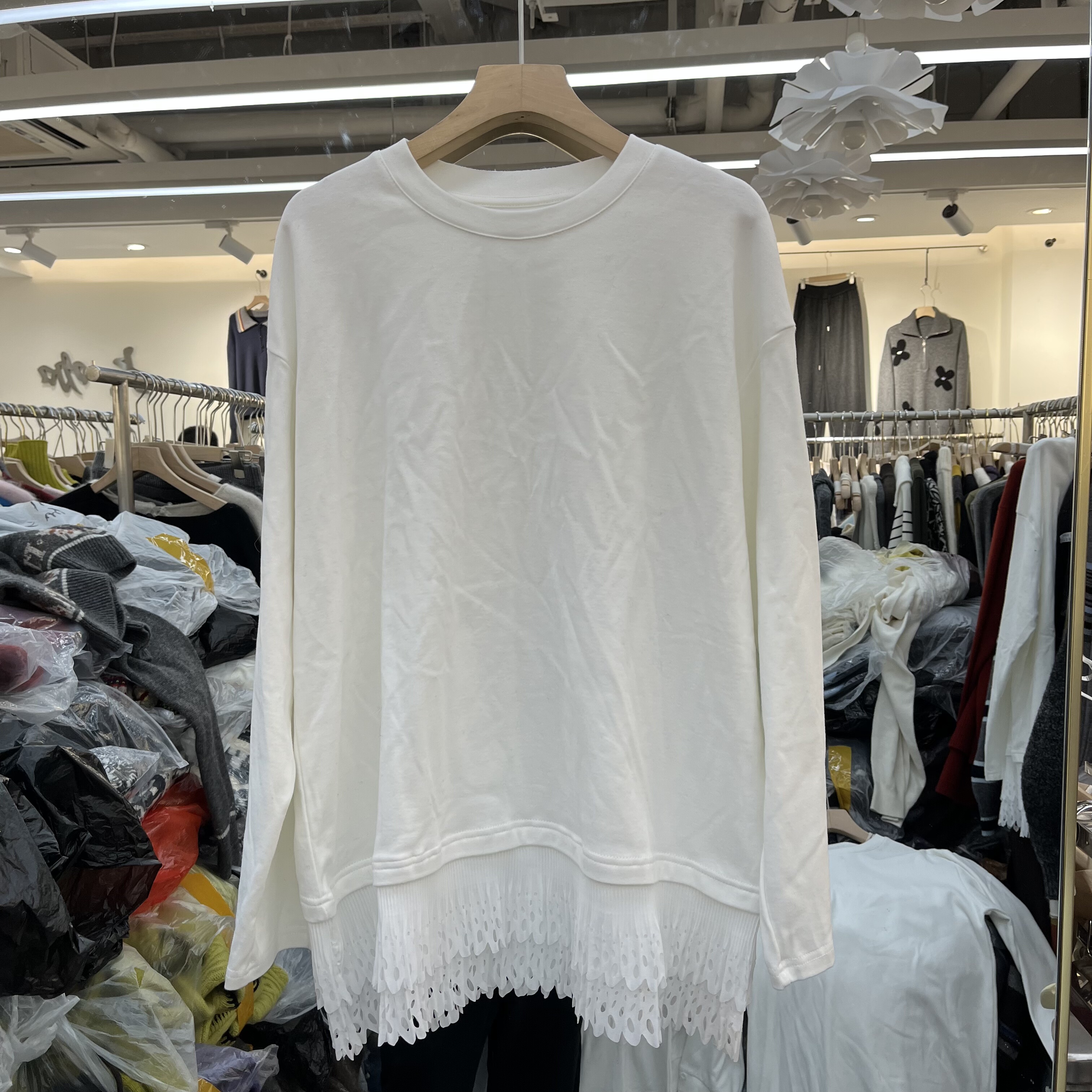 欧洲站2025秋季新款女士圆领下摆荷叶边拼接磨毛长袖T恤欧货上衣