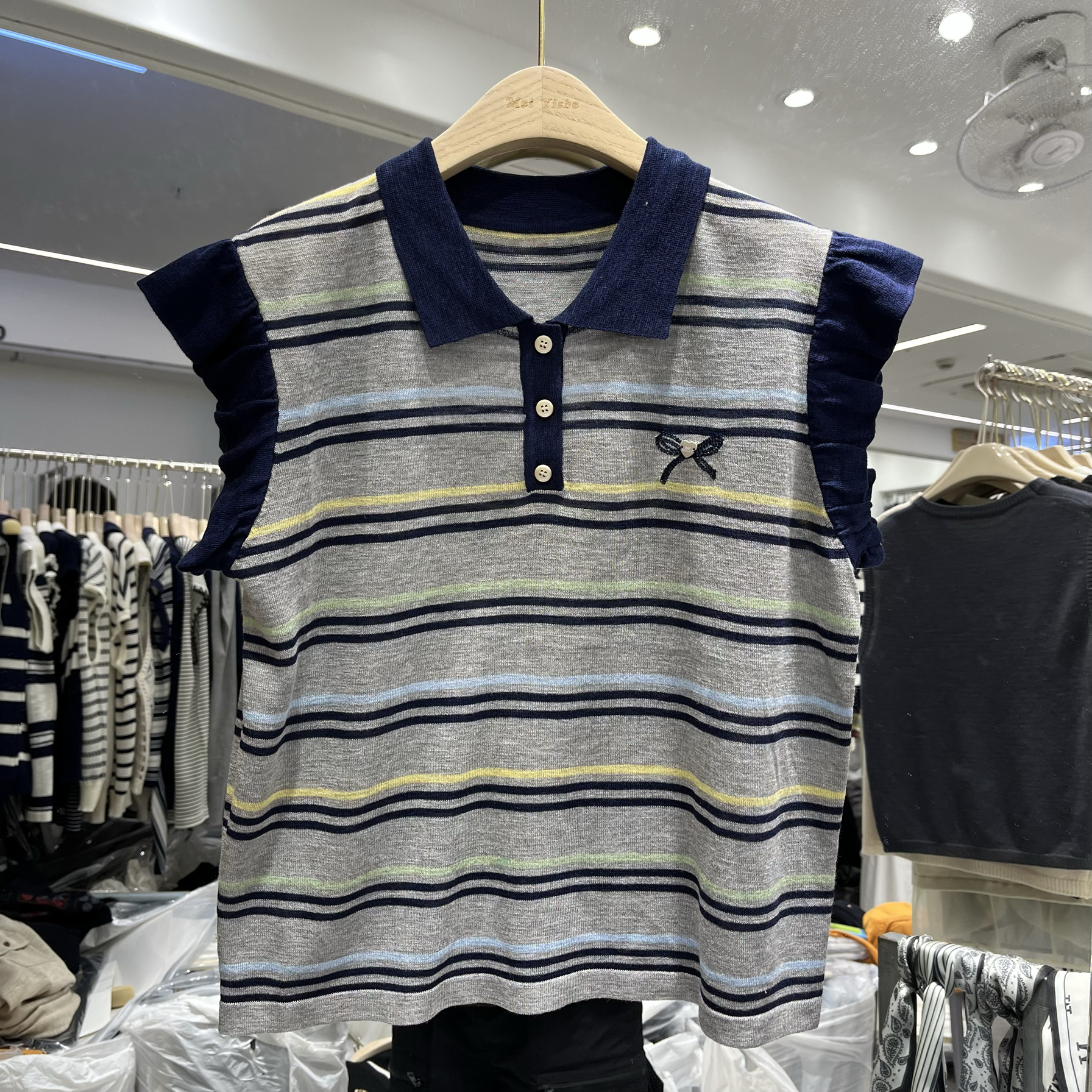 欧洲站2025夏季新款女士Polo领蝴蝶结刺绣条纹亚麻无袖欧货针织衫