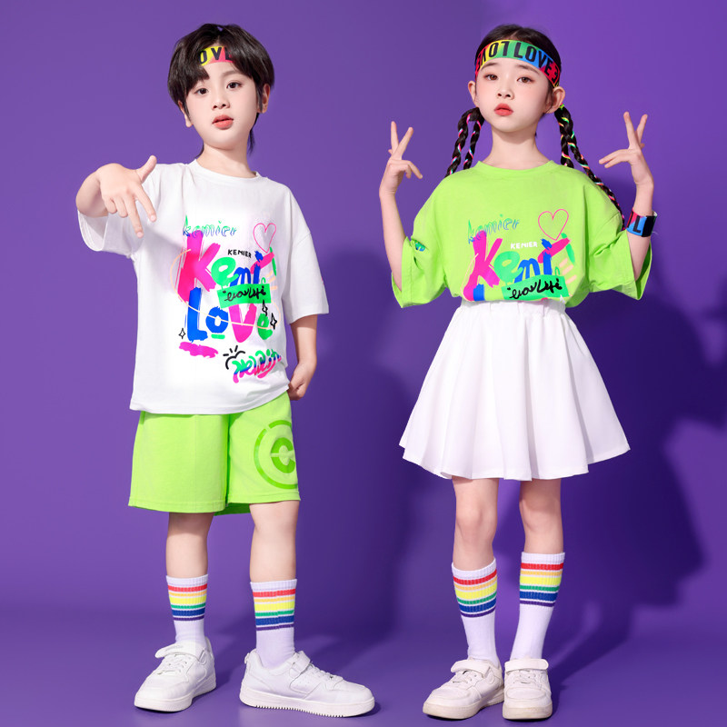 六一儿童节啦啦队演出服男女童嘻哈风短袖短裤表演服装小学生透气