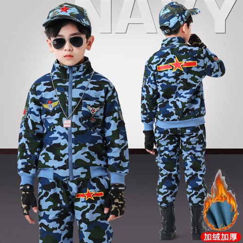 迷彩服儿童套装冬季小学生加绒蓝色军训服男女童海空军特种兵演出