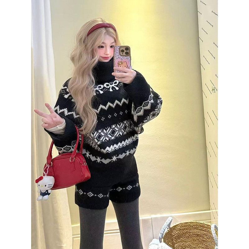 秋冬季韩系巨好看穿搭套装女费尔岛高领黑色针织衫毛衣短裤两件套,女装/女士精品,时尚套装,淘宝优惠券,粉丝福利购,淘宝优惠卷