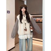 早秋复古学院风减龄蕾丝拼接格纹衬衫 通勤百搭针织马甲开衫 两件套