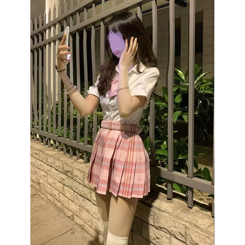 原创jk制服日系学院风收腰显瘦白色衬女夏季款百搭糖果百褶裙套装