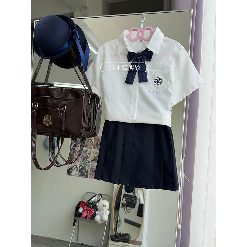 学院风JK制服衬衫白色樱花刺绣衬衣基础款班服短袖上衣短裙一整套