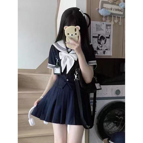原创小时夏JK收腰款水手服学院制服套装短袖上衣女夏jk裙子两件套