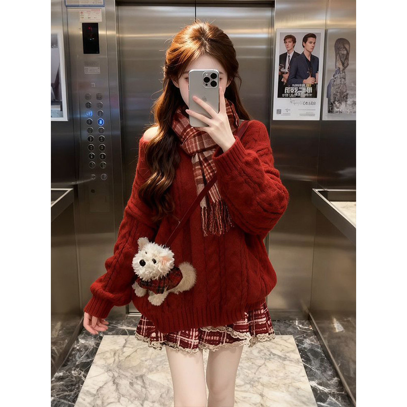 圣诞氛围感红色麻花毛衣格纹吊带蛋糕裙套装女冬季新款穿搭两件套,女装/女士精品,时尚套装,淘宝优惠券,粉丝福利购,淘宝优惠卷