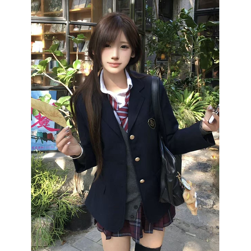 原创JK制服气质绀色西装外套叠穿深灰色针织开衫基础款秋冬一整套