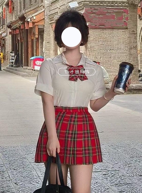 短裙美式学院高腰小辣椒jk百褶裙春夏日系红色格子学生裙子半身裙