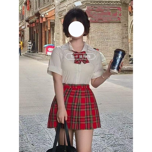 短裙美式学院高腰小辣椒jk百褶裙春夏日系红色格子学生裙子半身裙