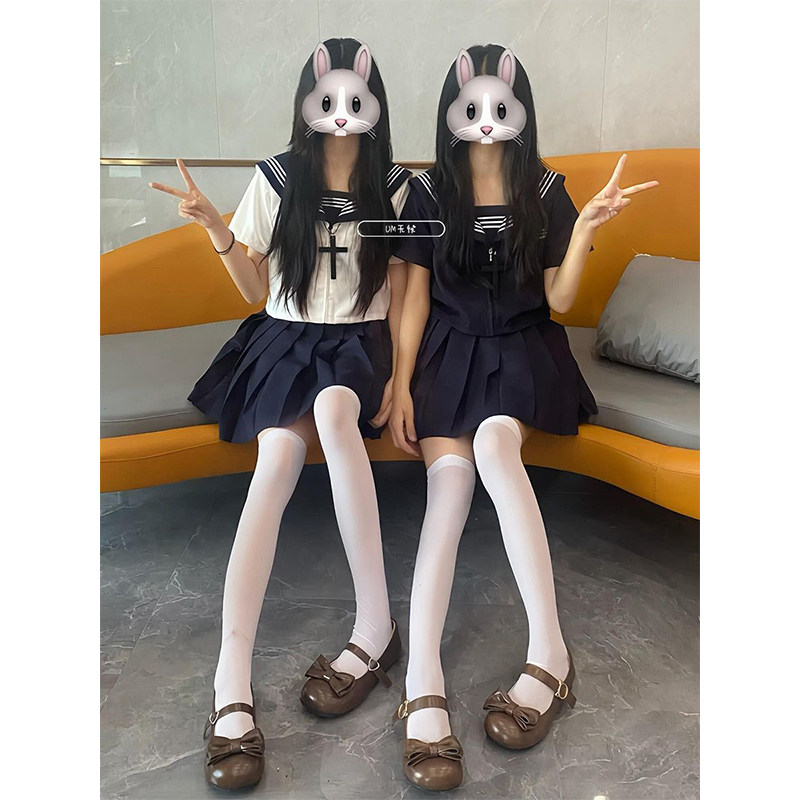 日系JK制服校供感基础款白三本短袖学院校服百搭绀短裙长裙套装女