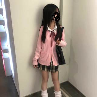 樱花妹JK制服V领毛衣开衫外套女秋冬制服粉色针织衫学院风套装女