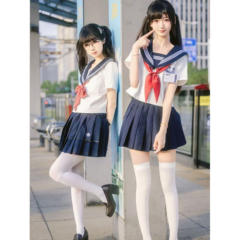 JK制服夏季款水手服学院风绀领长短袖衬衫中间服百搭绀色JK裙套装