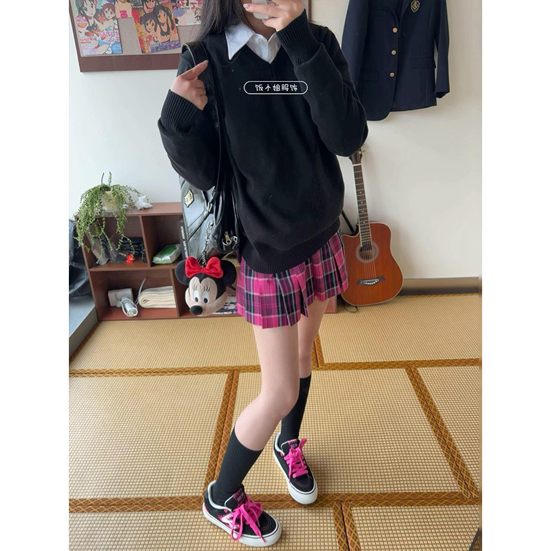 原创JK日系制服宽松针织衫春秋纯色学院套头上衣毛衣格裙软妹套装,女装/女士精品,时尚套装,淘宝优惠券,粉丝福利购,淘宝优惠卷