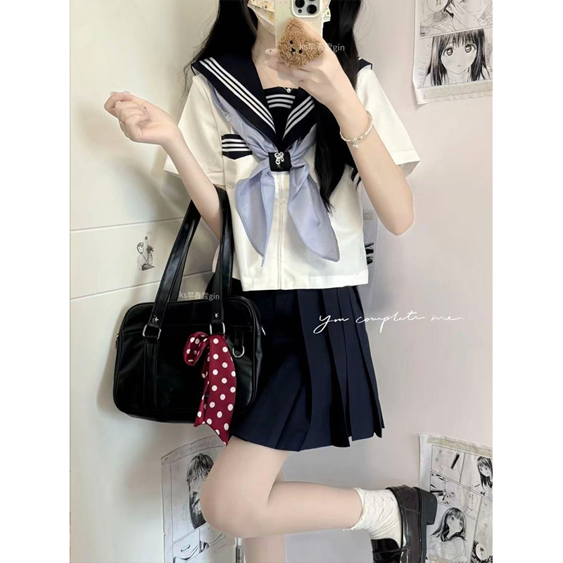 JK制服套装水手服校服学院风绀领长短袖衬衫中间服百搭绀色JK短裙