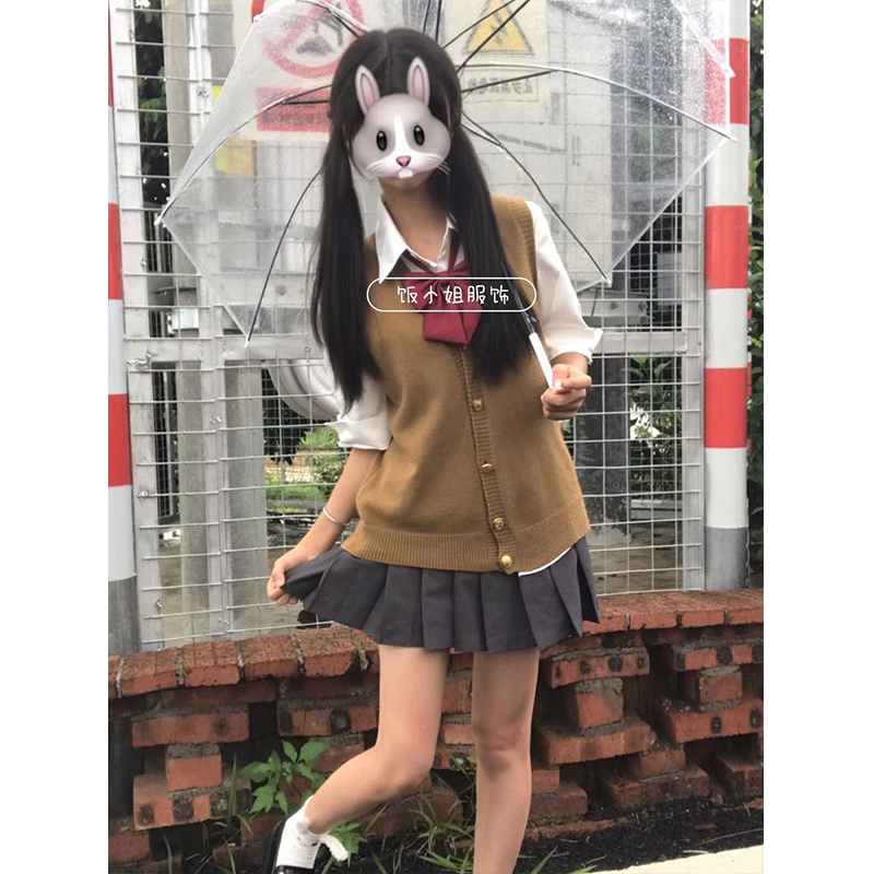 日系JK制服针织衫开衫马甲背心学院风短袖衬衫樱花妹穿搭短裙套装