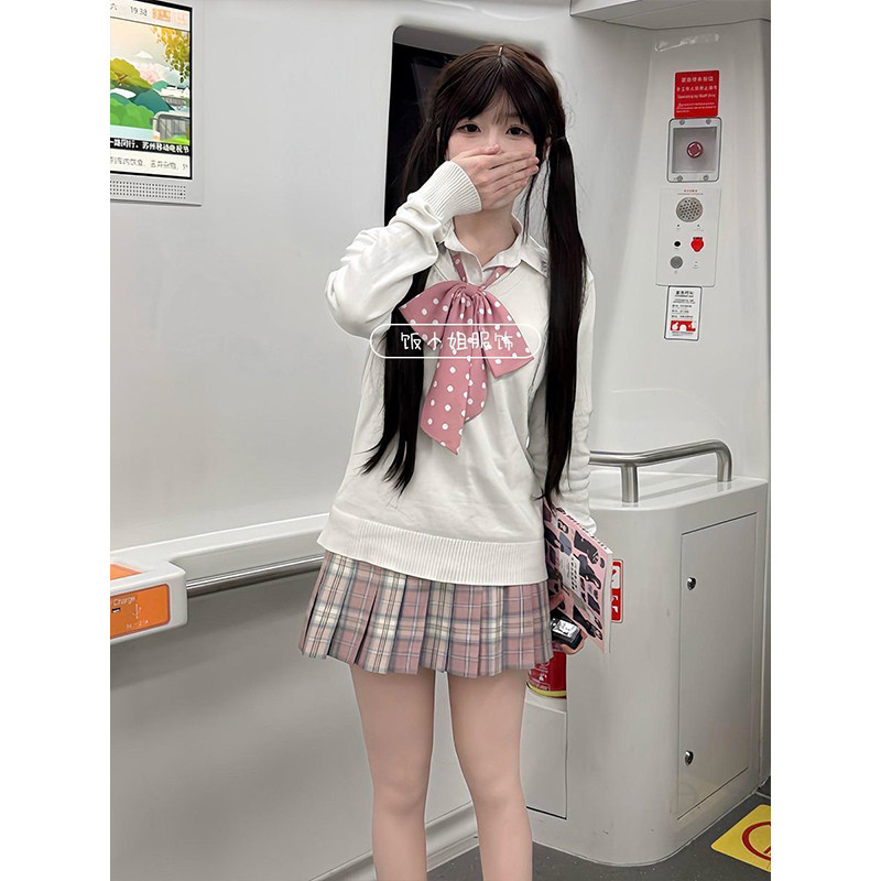 原创jk制服针织衫秋冬学院风v领套头毛衣樱花妹穿搭长袖纯色上衣