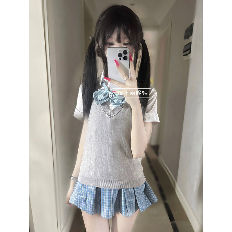 学院风JK制服针织衫v领套头马甲背心樱花妹穿搭校供感jk格裙套装