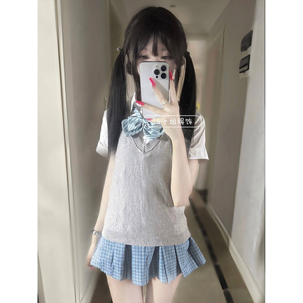 学院风JK制服针织衫v领套头马甲背心樱花妹穿搭校供感jk格裙套装