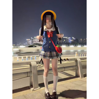 新款宝蓝色针织衫开衫马甲原创叠穿花边领衬衫蓝格子短裙学院风